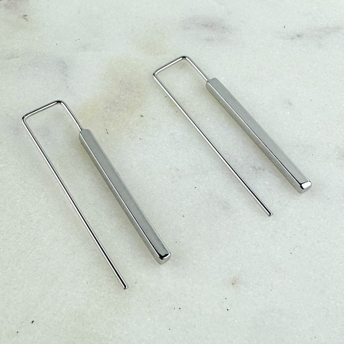 Geometric Silver Stick Drop Earring, Nickel-Free Silver Plated Brass | Lightweight Silver Long Dangle Earring