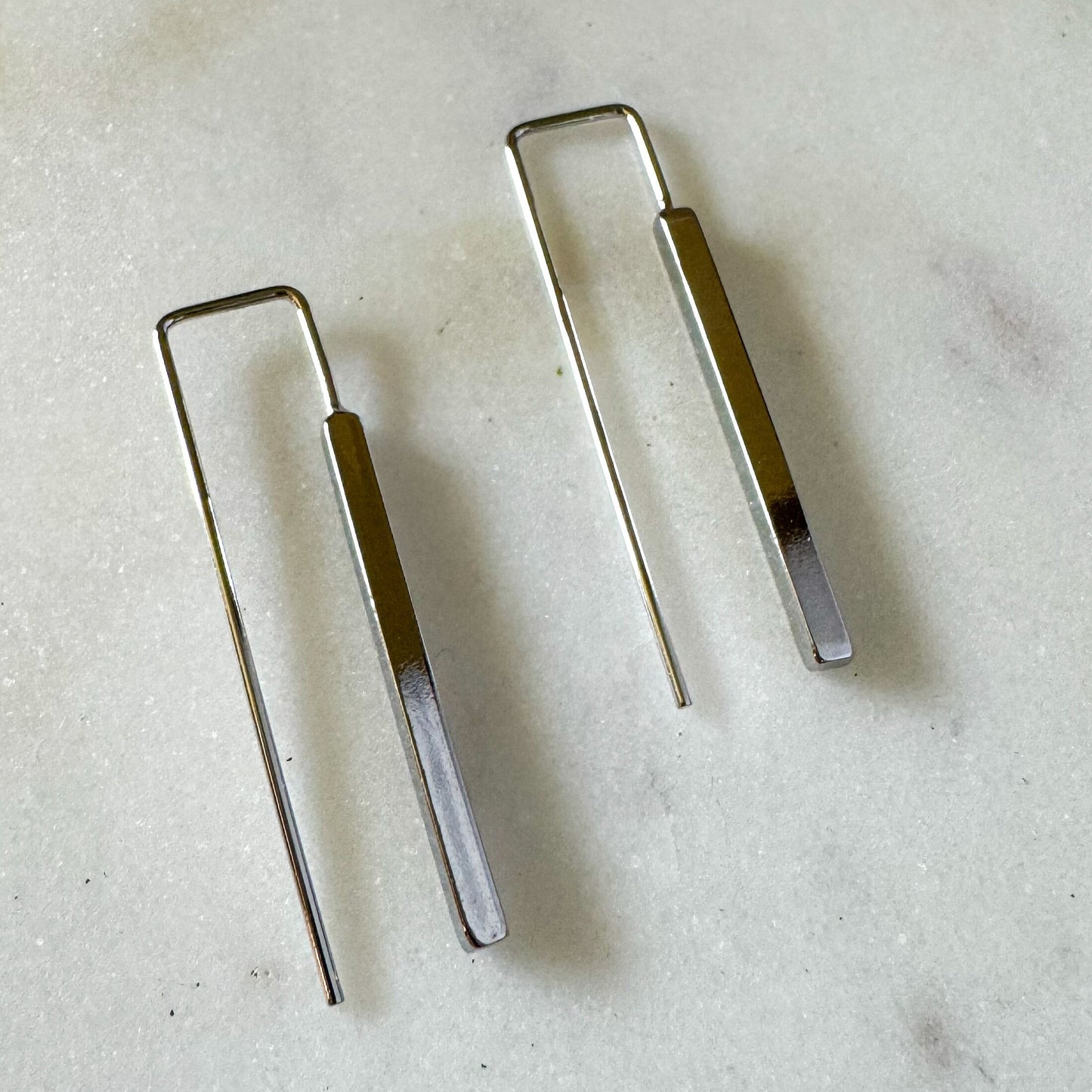 Geometric Silver Stick Drop Earring, Nickel-Free Silver Plated Brass | Lightweight Silver Long Dangle Earring