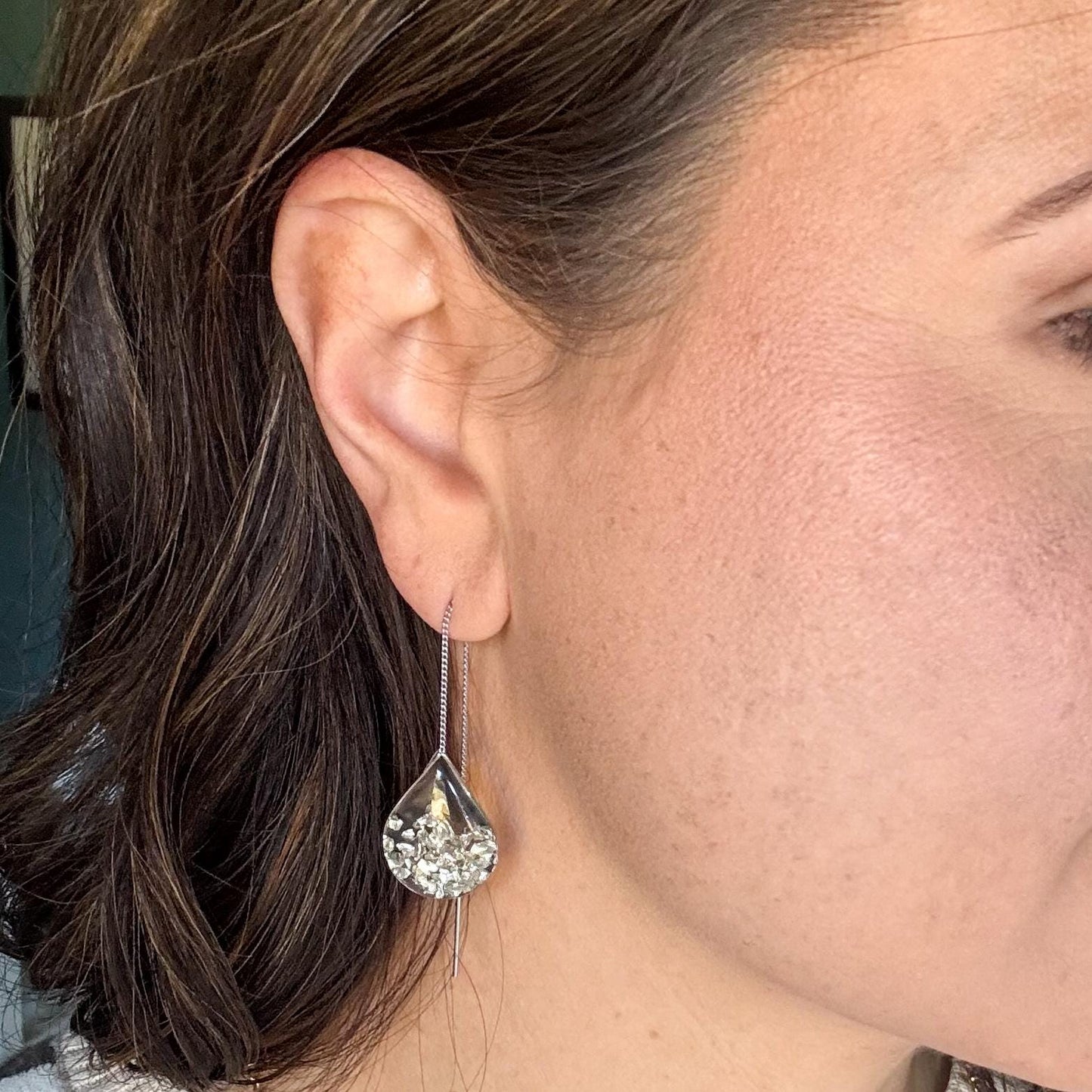Silver or Gold Resin Ear Threaders | Light Shine Jewelry | Holiday Earring | Lightweight Handcrafted Nickel-free | Holiday Party Earring