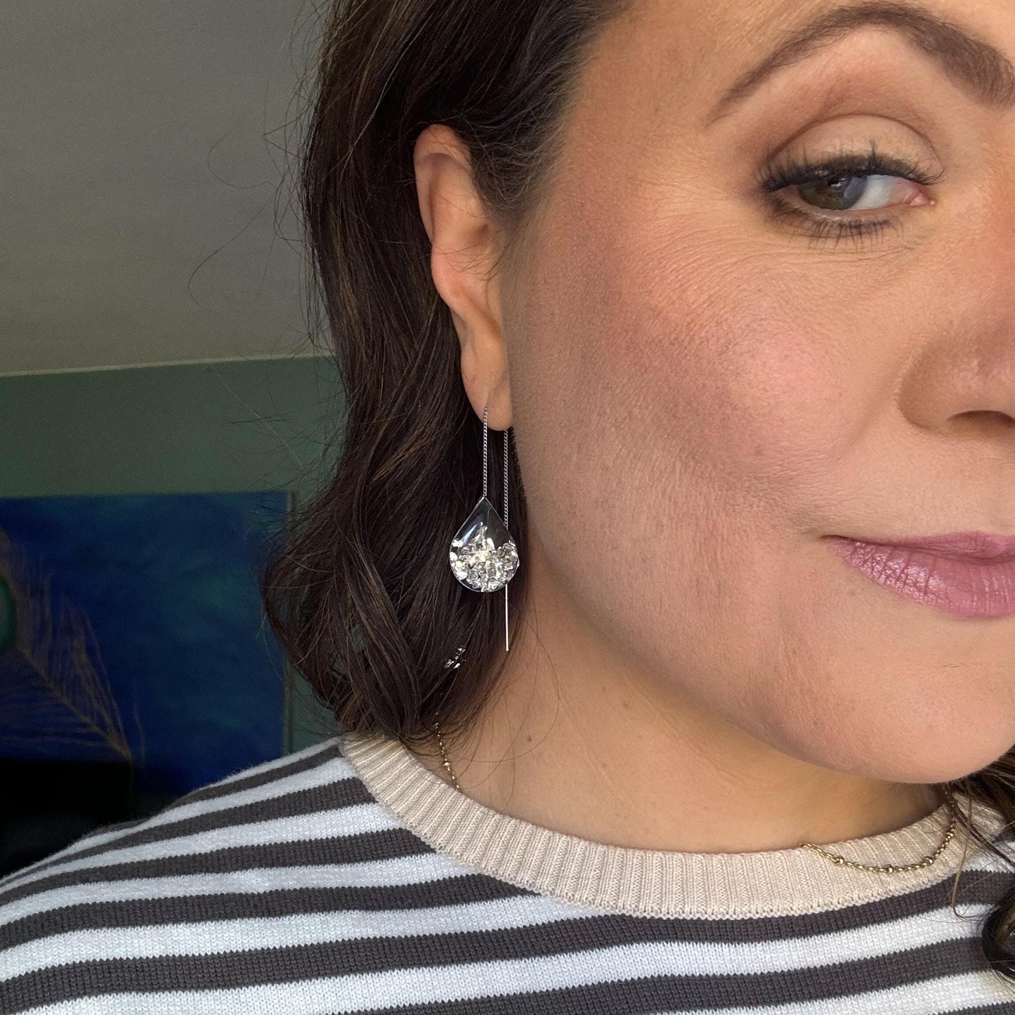Silver or Gold Resin Ear Threaders | Light Shine Jewelry | Holiday Earring | Lightweight Handcrafted Nickel-free | Holiday Party Earring