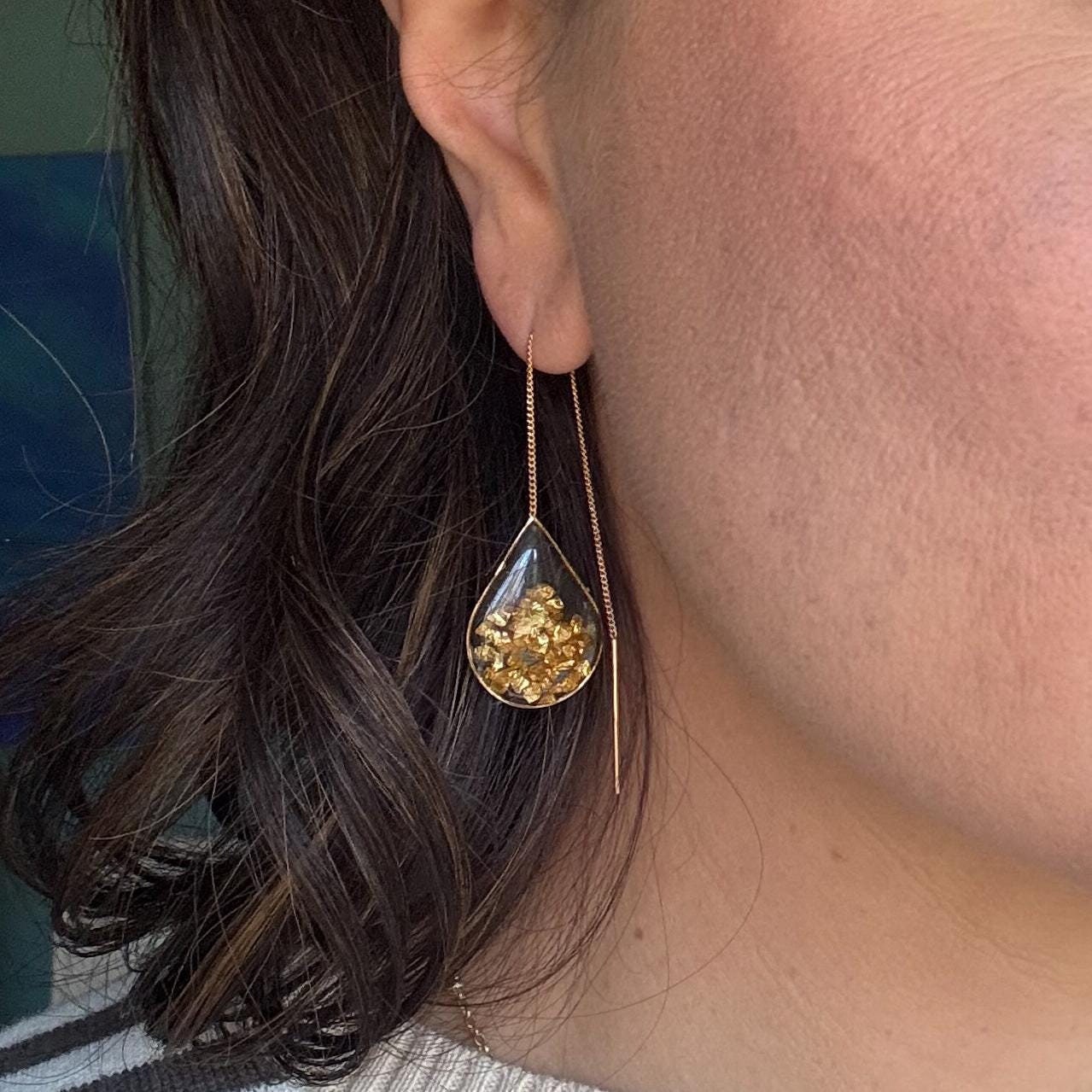 Silver or Gold Resin Ear Threaders | Light Shine Jewelry | Holiday Earring | Lightweight Handcrafted Nickel-free | Holiday Party Earring