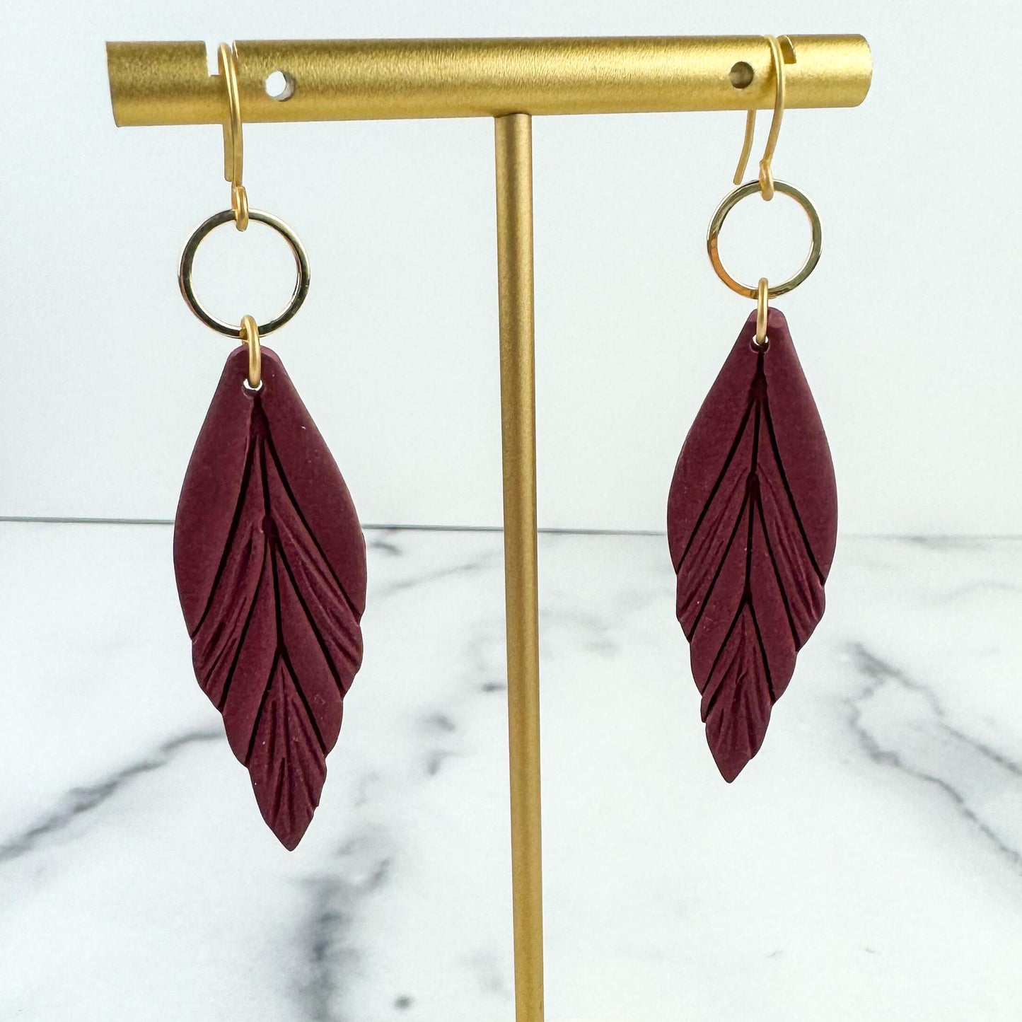 Clay Feather Earring | Light Shine Jewelry | Lightweight Handcrafted Clay | Nickel-free | Cranberry Wine Red Clay Earring