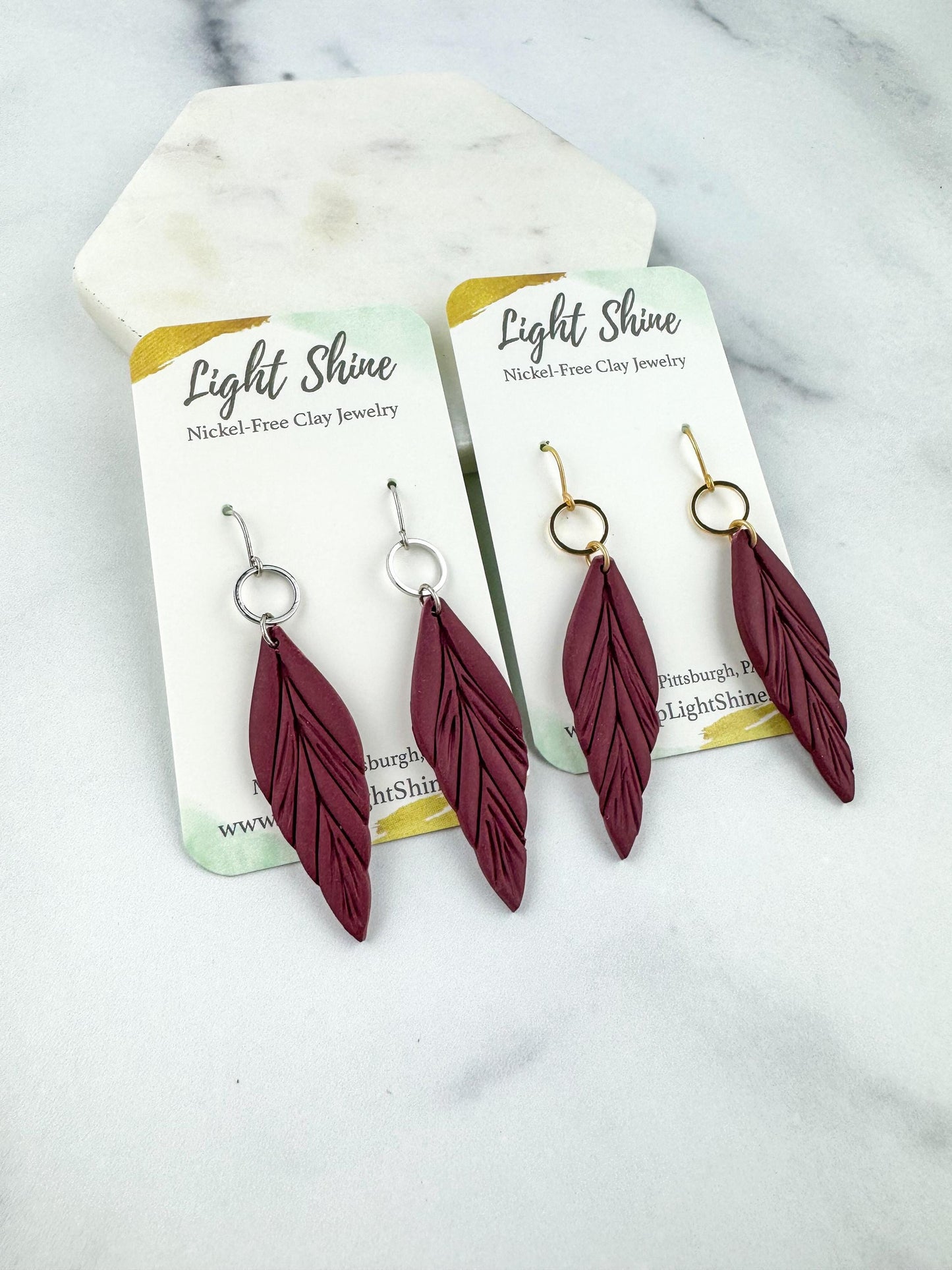 Clay Feather Earring | Light Shine Jewelry | Lightweight Handcrafted Clay | Nickel-free | Cranberry Wine Red Clay Earring