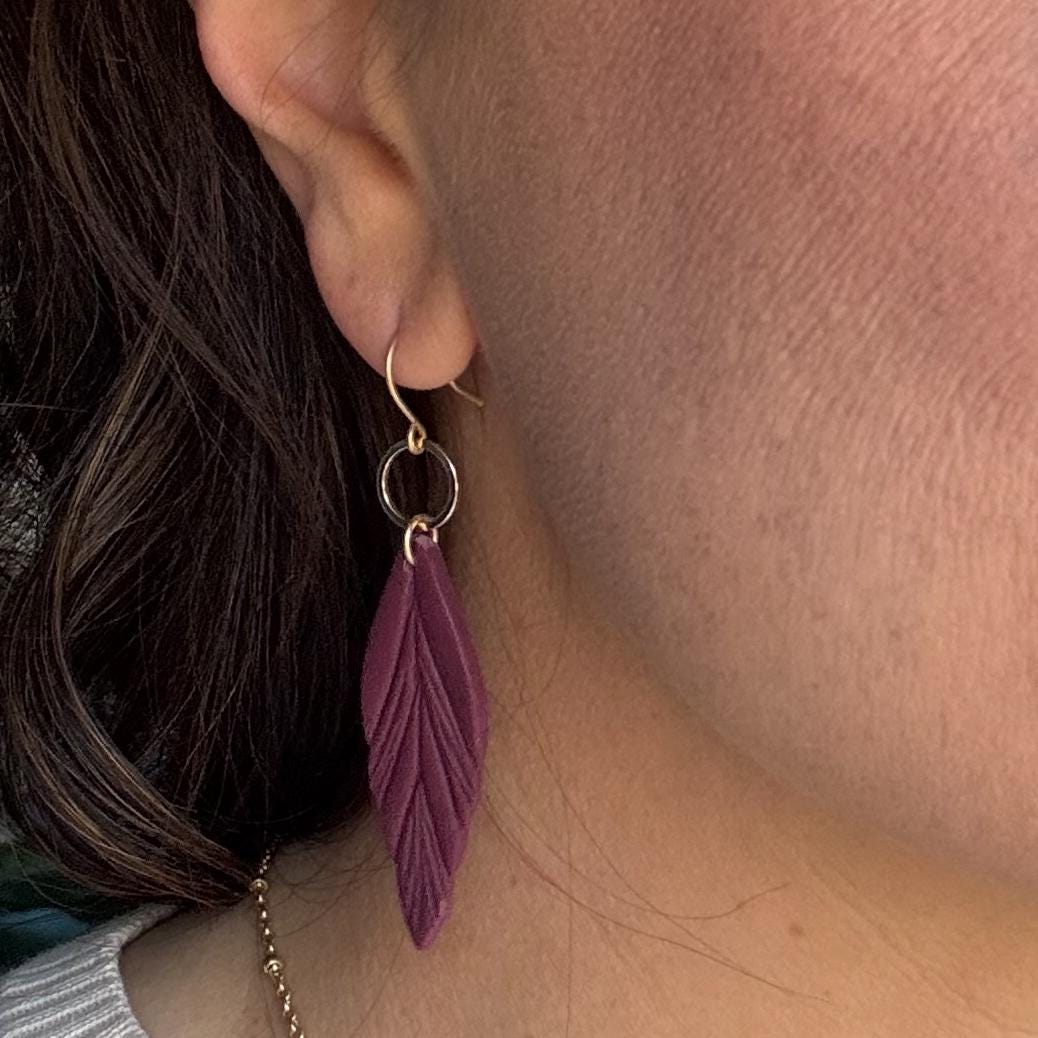Clay Feather Earring | Light Shine Jewelry | Lightweight Handcrafted Clay | Nickel-free | Cranberry Wine Red Clay Earring
