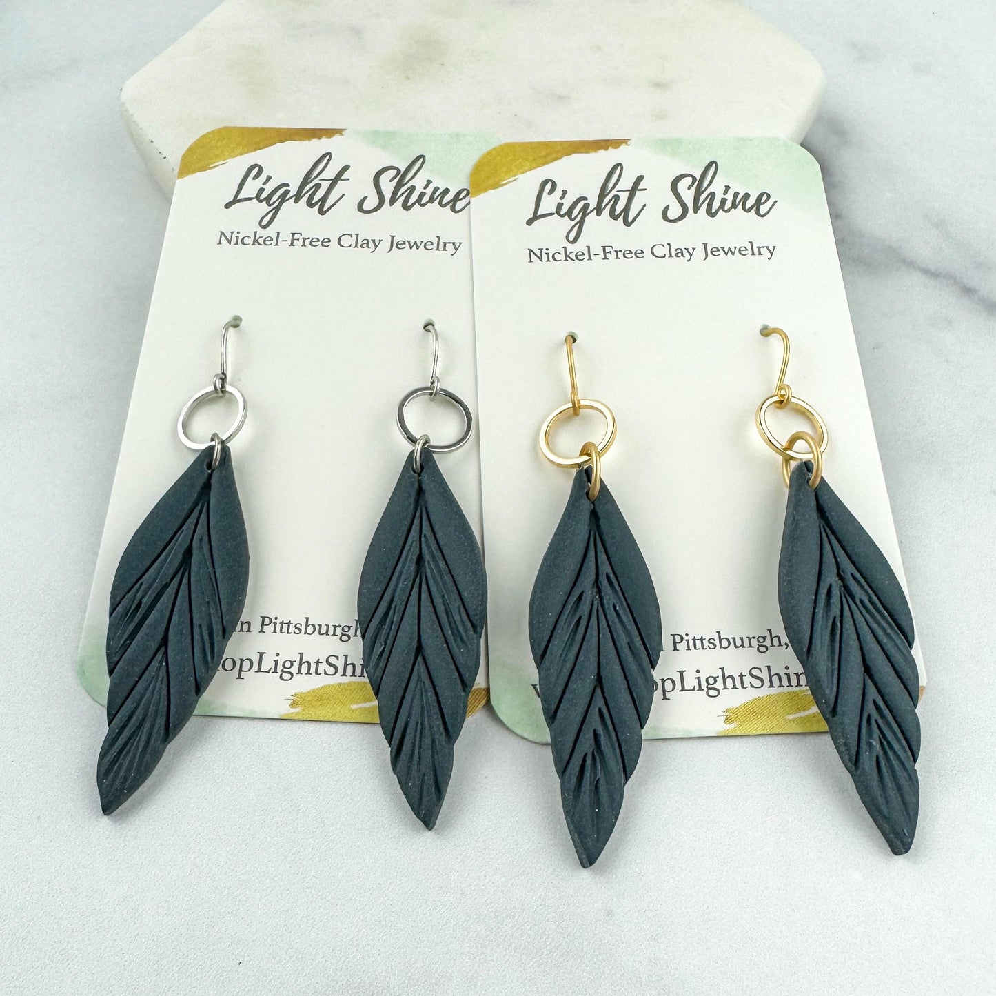Clay Feather Earring | Light Shine Jewelry | Lightweight Handcrafted Clay | Nickel-free | Deep Cornflower Blue Dusty Deep Blue Clay Earring