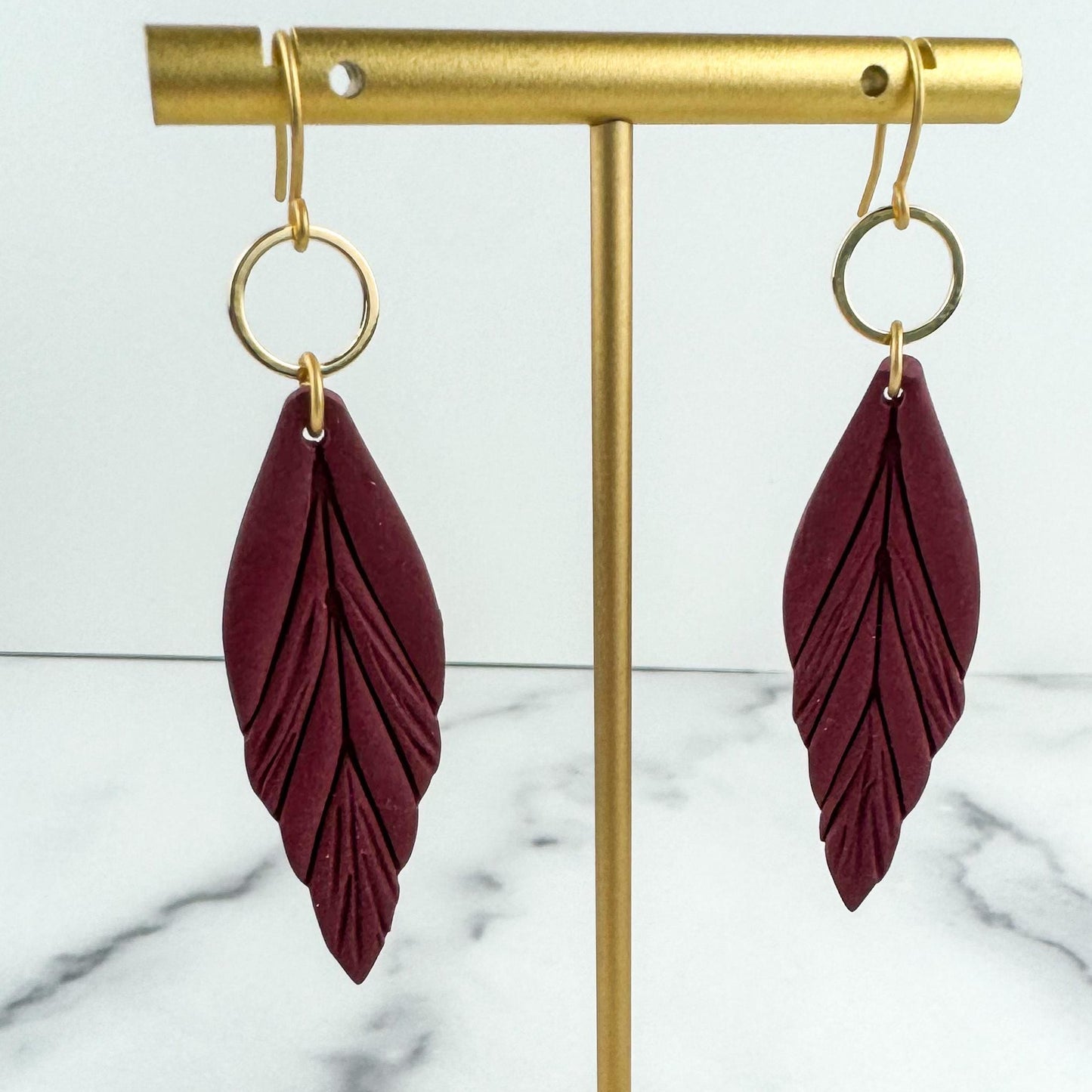 Clay Feather Earring | Light Shine Jewelry | Lightweight Handcrafted Clay | Nickel-free | Cranberry Wine Red Clay Earring