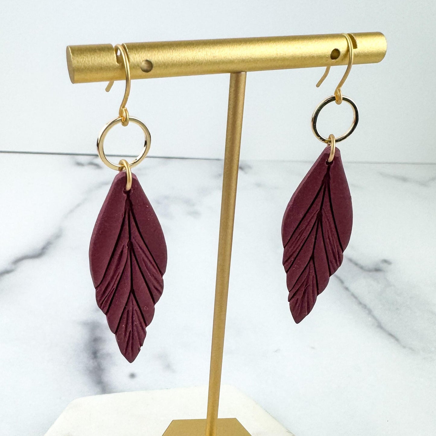 Clay Feather Earring | Light Shine Jewelry | Lightweight Handcrafted Clay | Nickel-free | Cranberry Wine Red Clay Earring