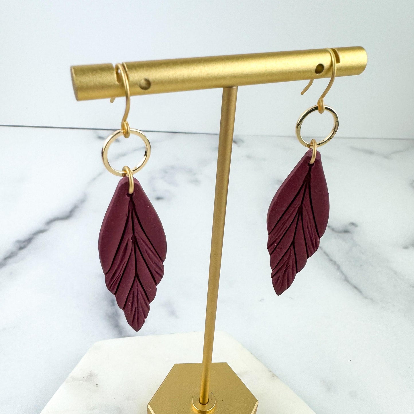 Clay Feather Earring | Light Shine Jewelry | Lightweight Handcrafted Clay | Nickel-free | Cranberry Wine Red Clay Earring