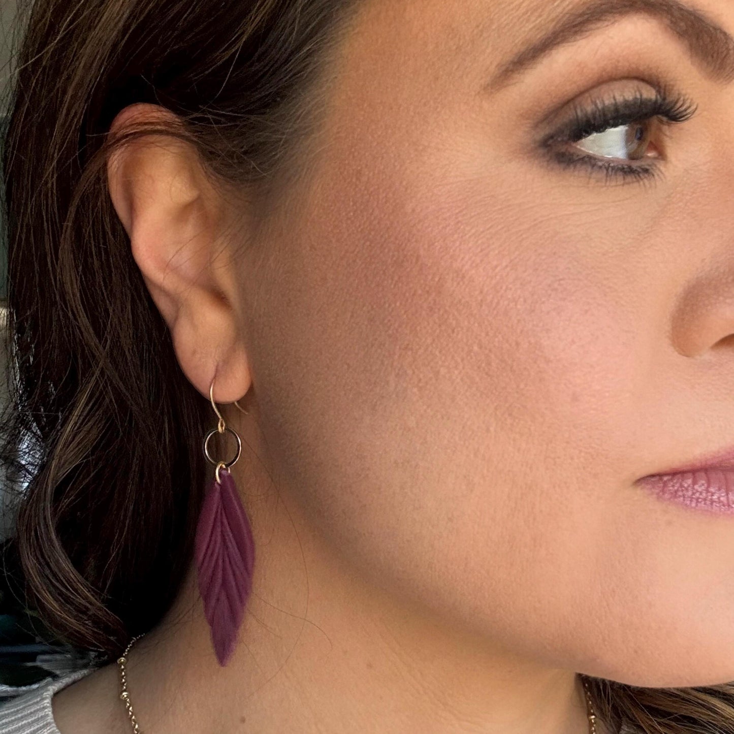 Clay Feather Earring | Light Shine Jewelry | Lightweight Handcrafted Clay | Nickel-free | Cranberry Wine Red Clay Earring