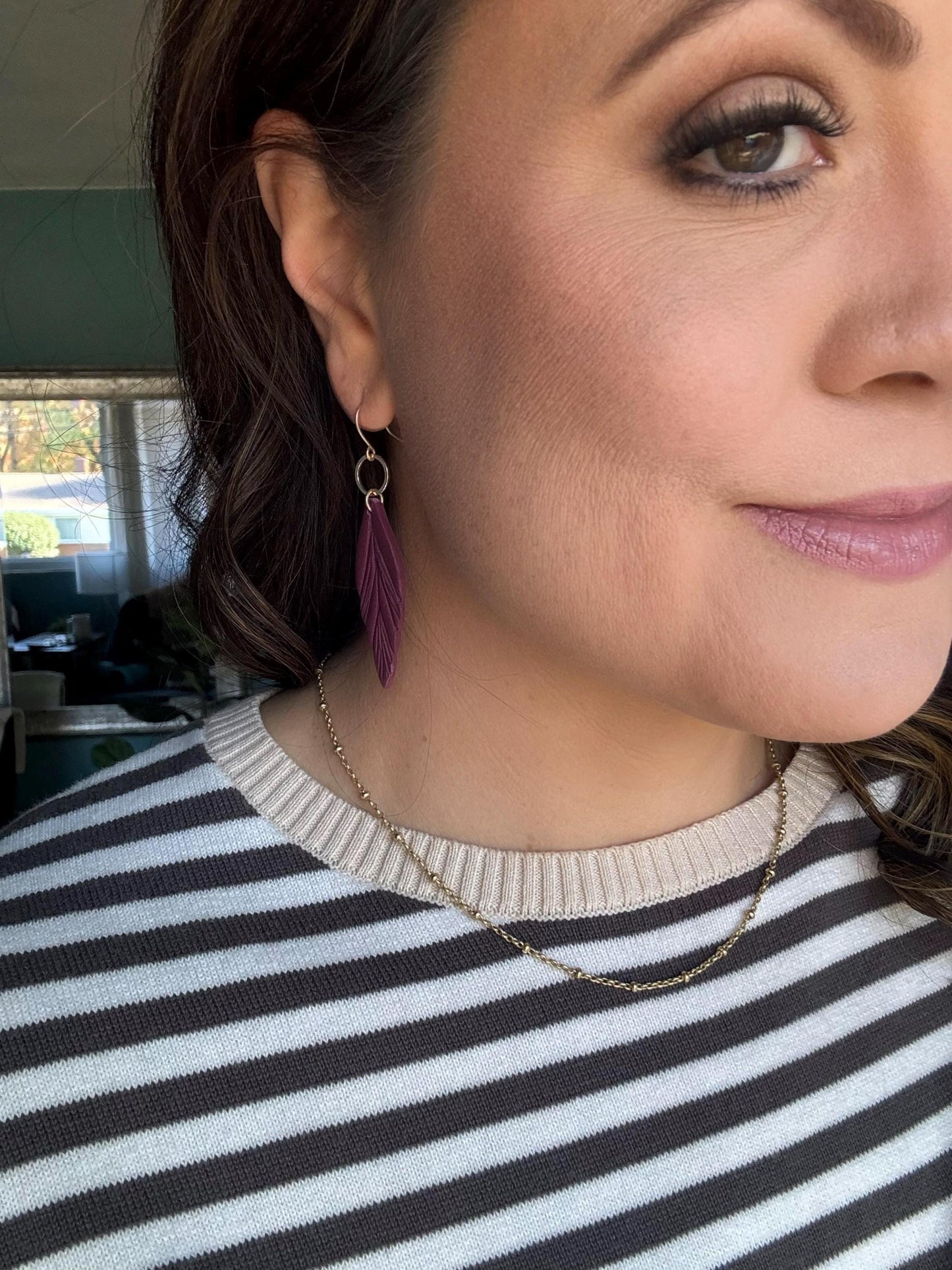 Clay Feather Earring | Light Shine Jewelry | Lightweight Handcrafted Clay | Nickel-free | Cranberry Wine Red Clay Earring
