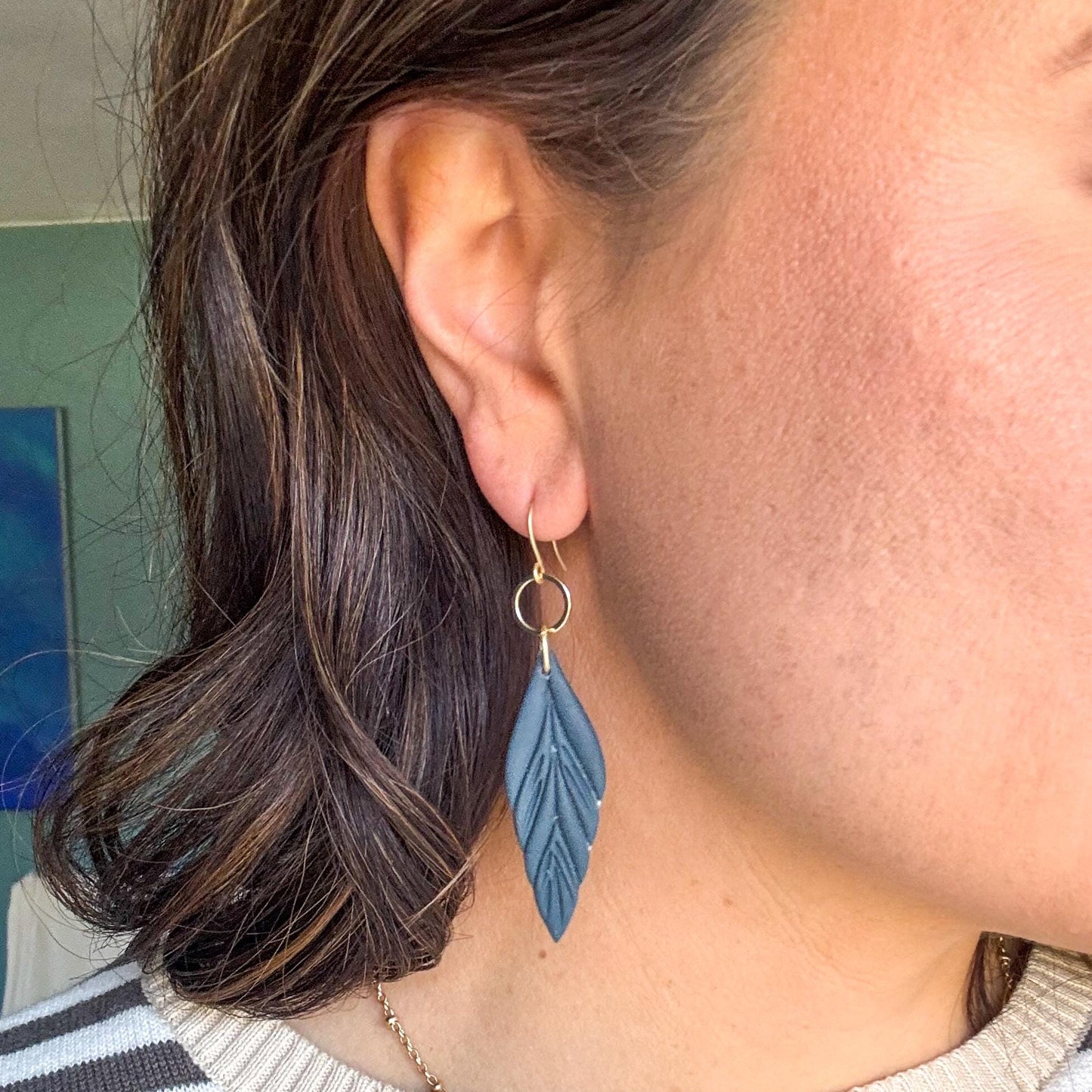 Clay Feather Earring | Light Shine Jewelry | Lightweight Handcrafted Clay | Nickel-free | Deep Cornflower Blue Dusty Deep Blue Clay Earring