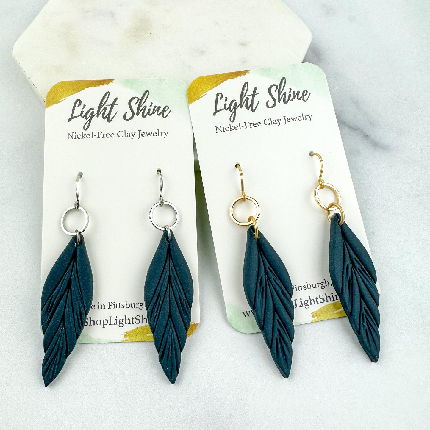 Clay Feather Earring | Light Shine Jewelry | Lightweight Handcrafted Clay | Nickel-free | Deep Cornflower Blue Dusty Deep Blue Clay Earring