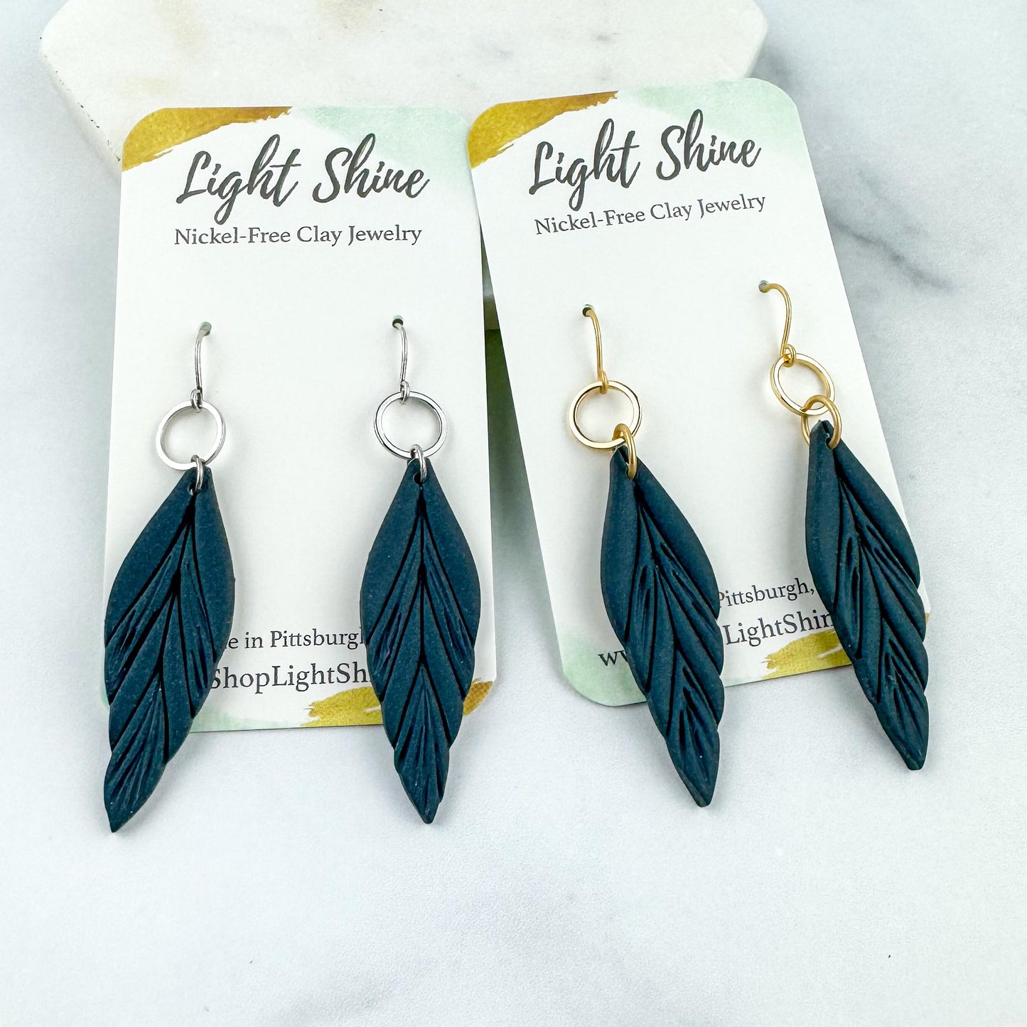 Clay Feather Earring | Light Shine Jewelry | Lightweight Handcrafted Clay | Nickel-free | Deep Cornflower Blue Dusty Deep Blue Clay Earring