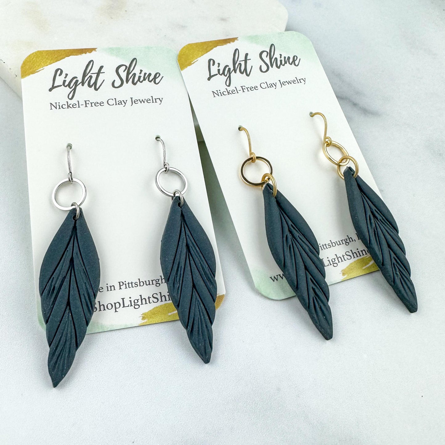 Clay Feather Earring | Light Shine Jewelry | Lightweight Handcrafted Clay | Nickel-free | Deep Cornflower Blue Dusty Deep Blue Clay Earring