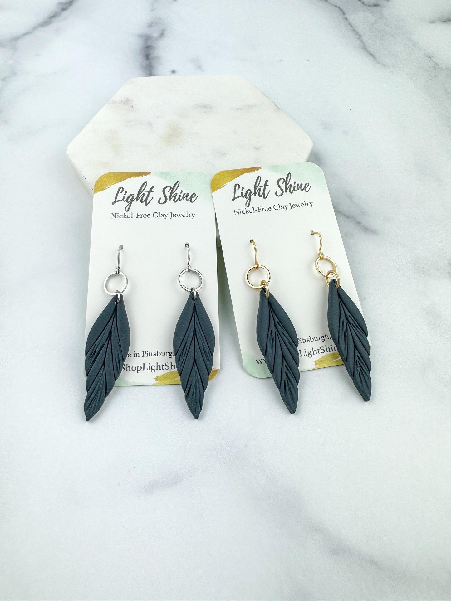 Clay Feather Earring | Light Shine Jewelry | Lightweight Handcrafted Clay | Nickel-free | Deep Cornflower Blue Dusty Deep Blue Clay Earring