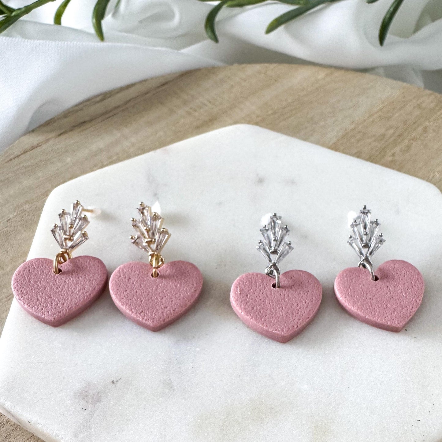 Valentines Clay Earring | Pink Heart w/ Crystal Dangle | CZ Clay Earring | Textured Pink | Nickel Free Polymer Clay | Light Shine Jewelry