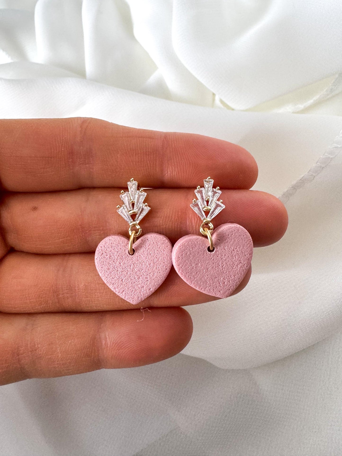 Valentines Clay Earring | Pink Heart w/ Crystal Dangle | CZ Clay Earring | Textured Pink | Nickel Free Polymer Clay | Light Shine Jewelry