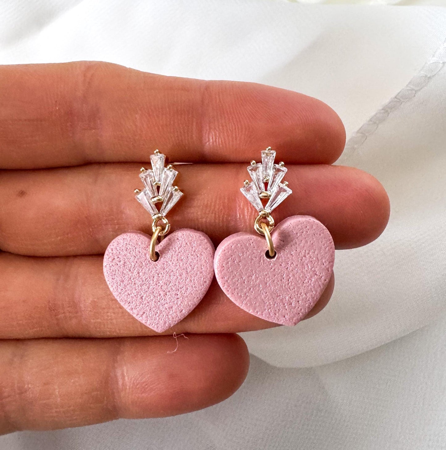 Valentines Clay Earring | Pink Heart w/ Crystal Dangle | CZ Clay Earring | Textured Pink | Nickel Free Polymer Clay | Light Shine Jewelry