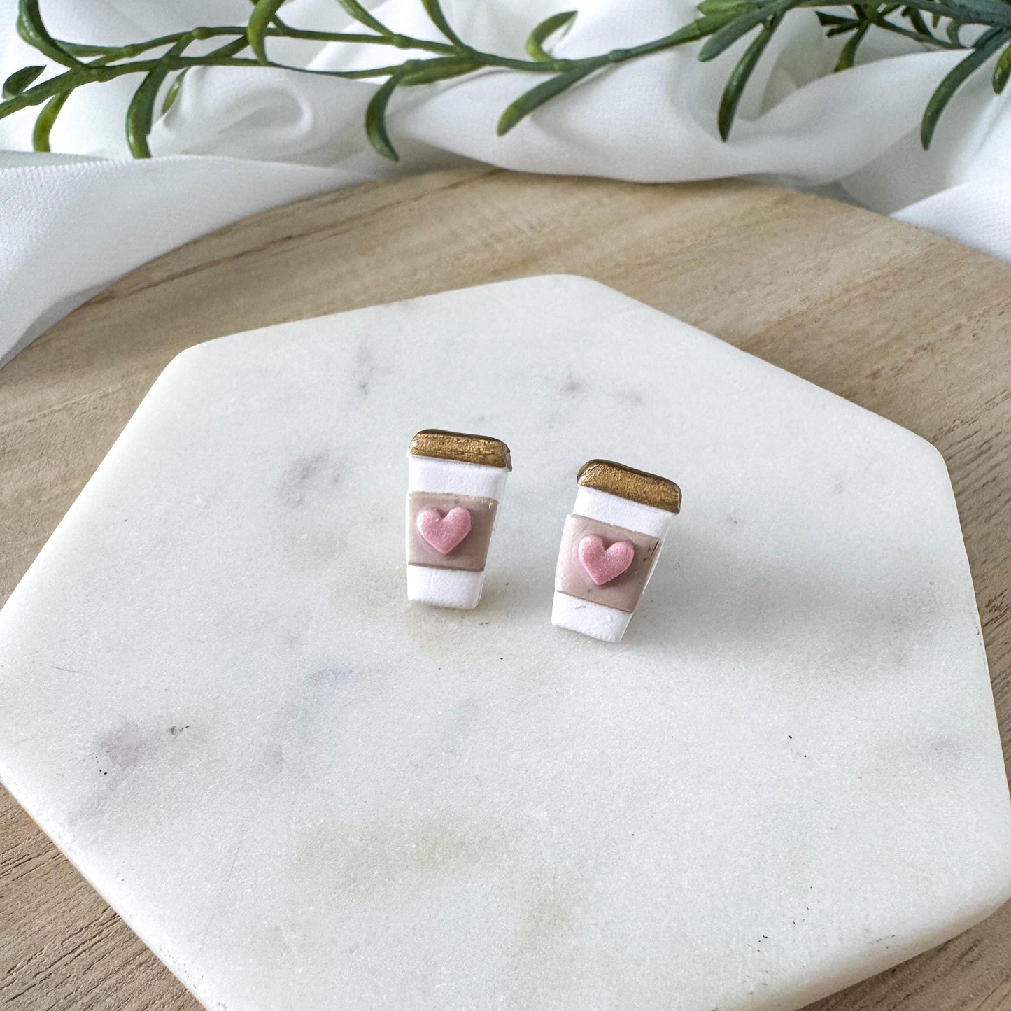 Cup of Love Stud | Coffee Valentine Clay Earring | Latte Heart Clay Stud | Light Shine Jewelry | Coffee Cup |