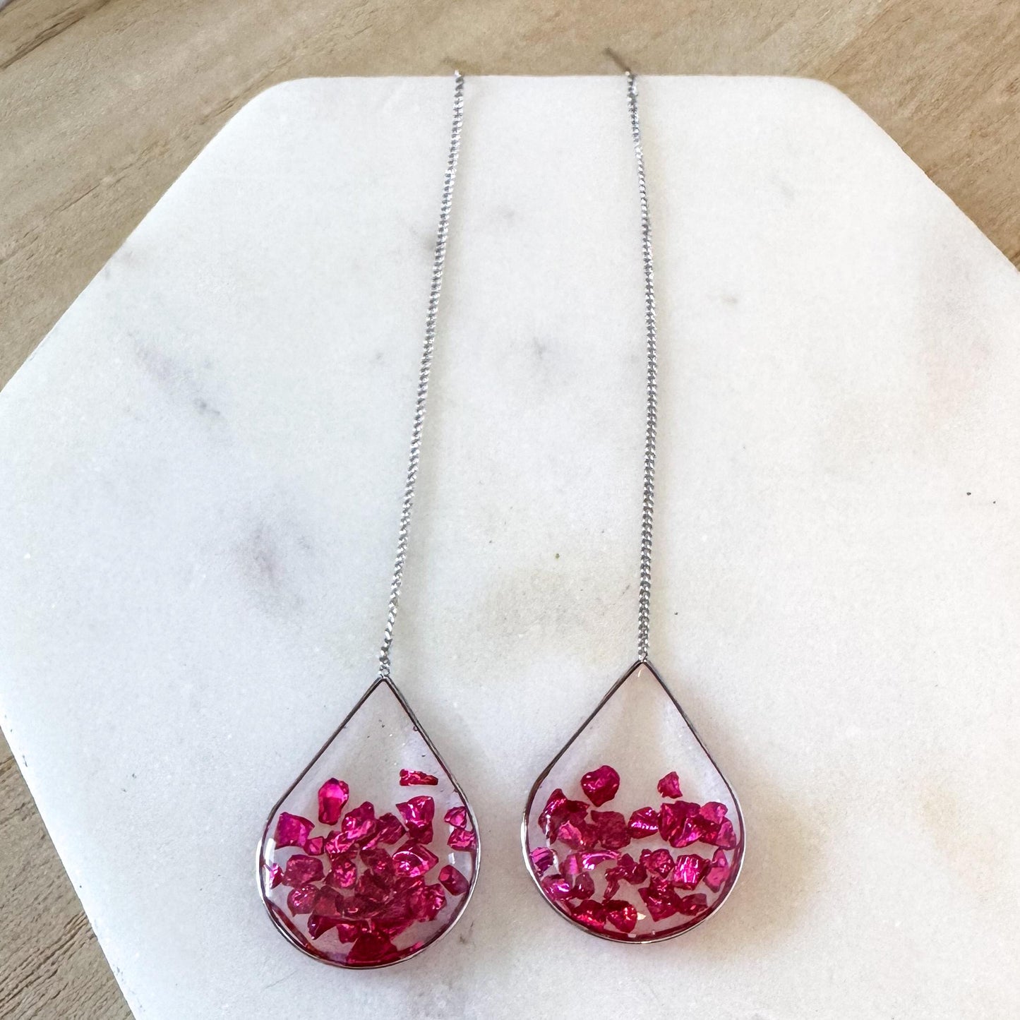 Hot Pink Resin Ear Threaders | Light Shine Jewelry| Pink Crushed Glass | Lightweight Handcrafted Nickel-free | Valentine Earring Threader