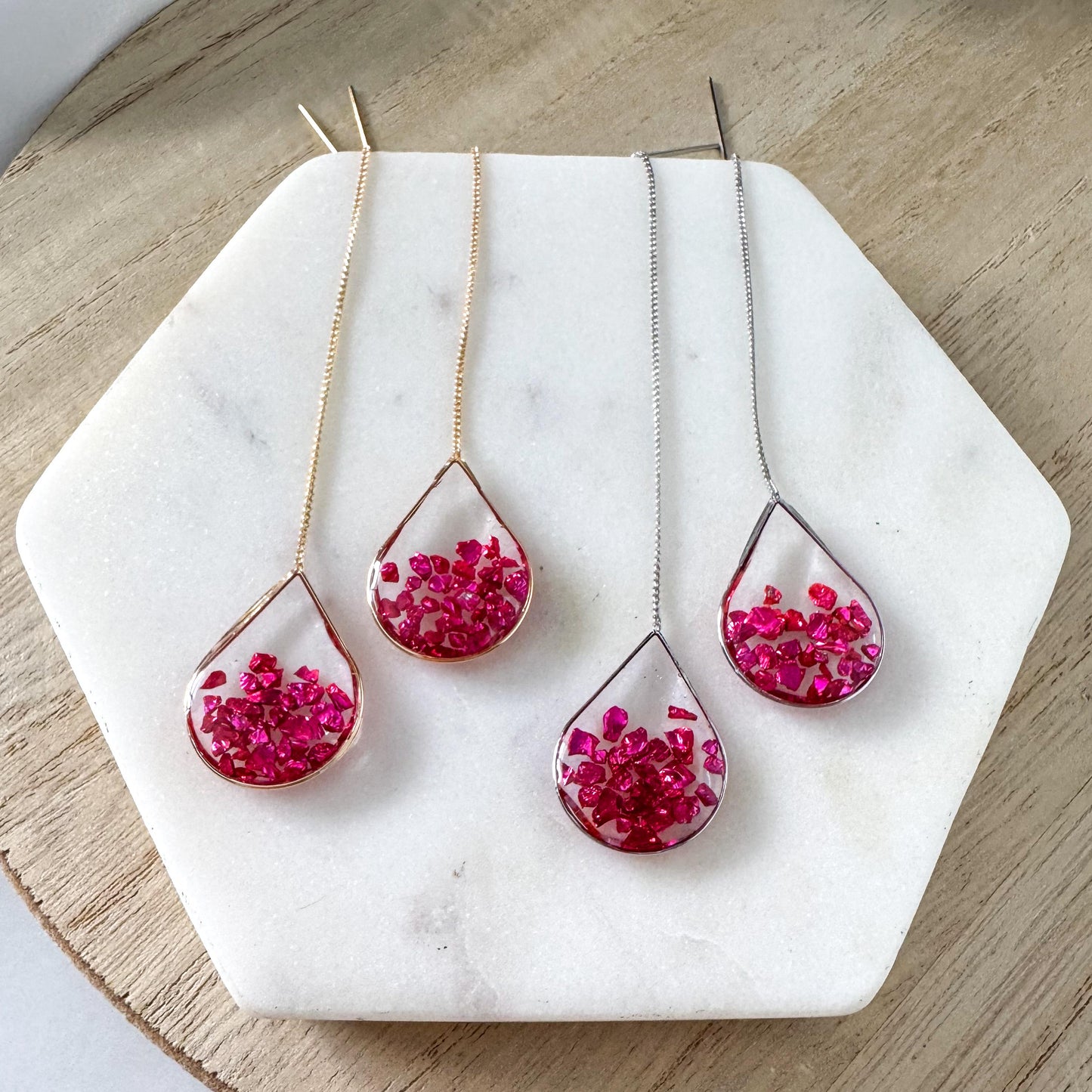 Hot Pink Resin Ear Threaders | Light Shine Jewelry| Pink Crushed Glass | Lightweight Handcrafted Nickel-free | Valentine Earring Threader