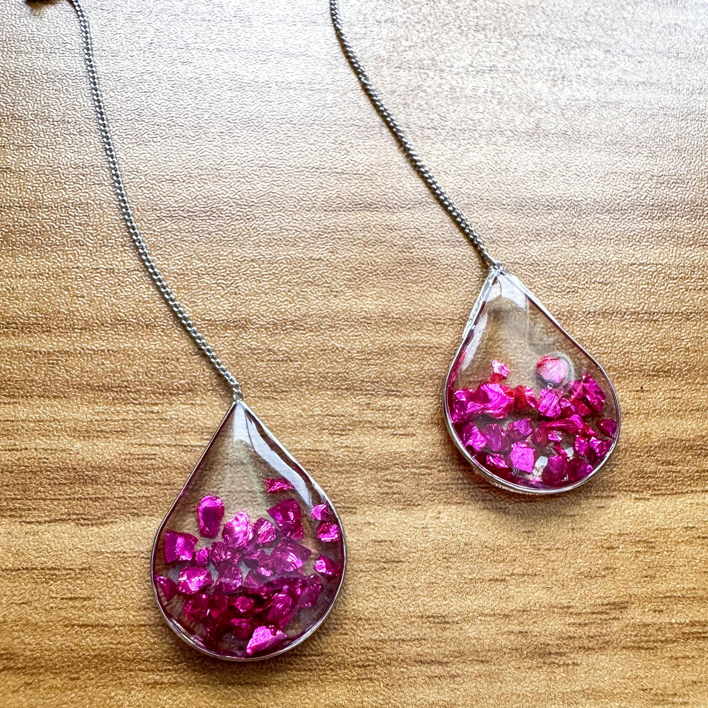 Hot Pink Resin Ear Threaders | Light Shine Jewelry| Pink Crushed Glass | Lightweight Handcrafted Nickel-free | Valentine Earring Threader
