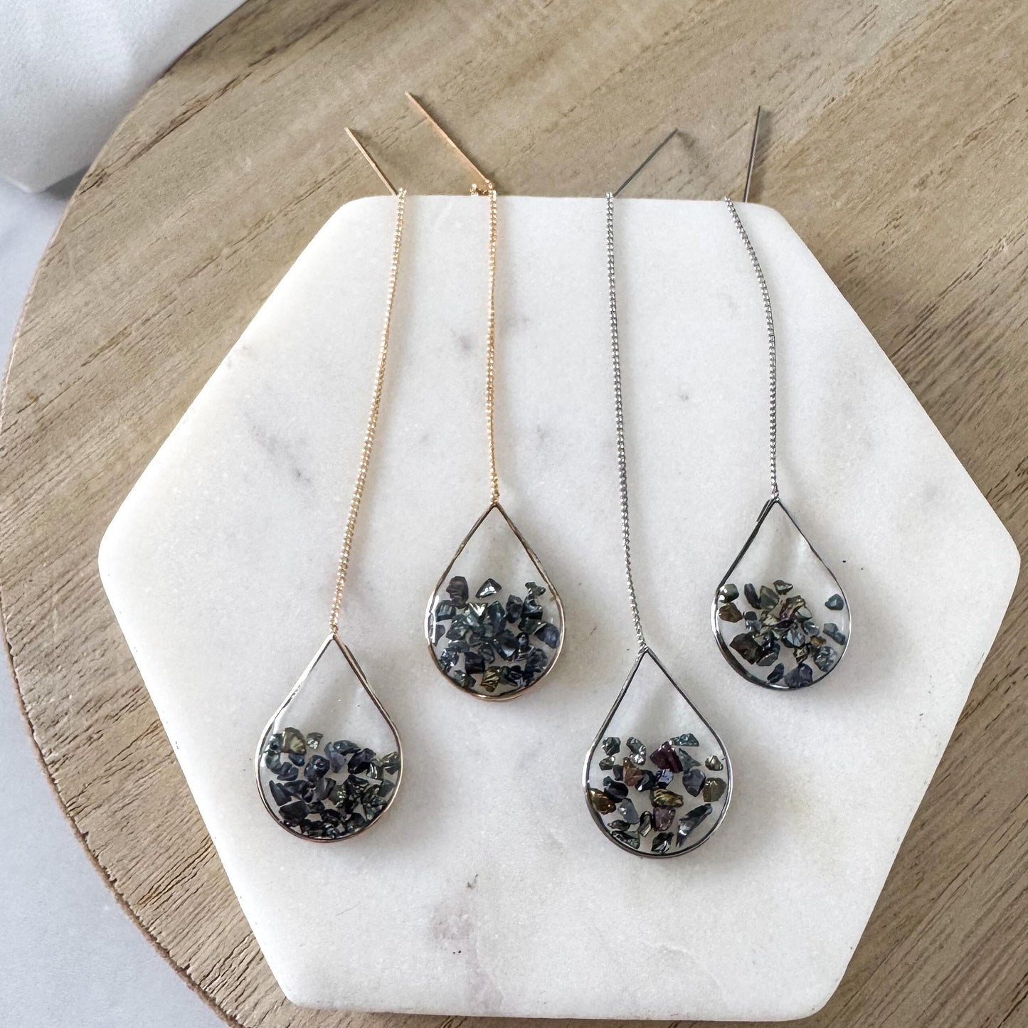 Peacock Resin Ear Threaders | Light Shine Jewelry| Blue Green Glass | Lightweight Handcrafted Nickel-free |Valentine Earring Threader