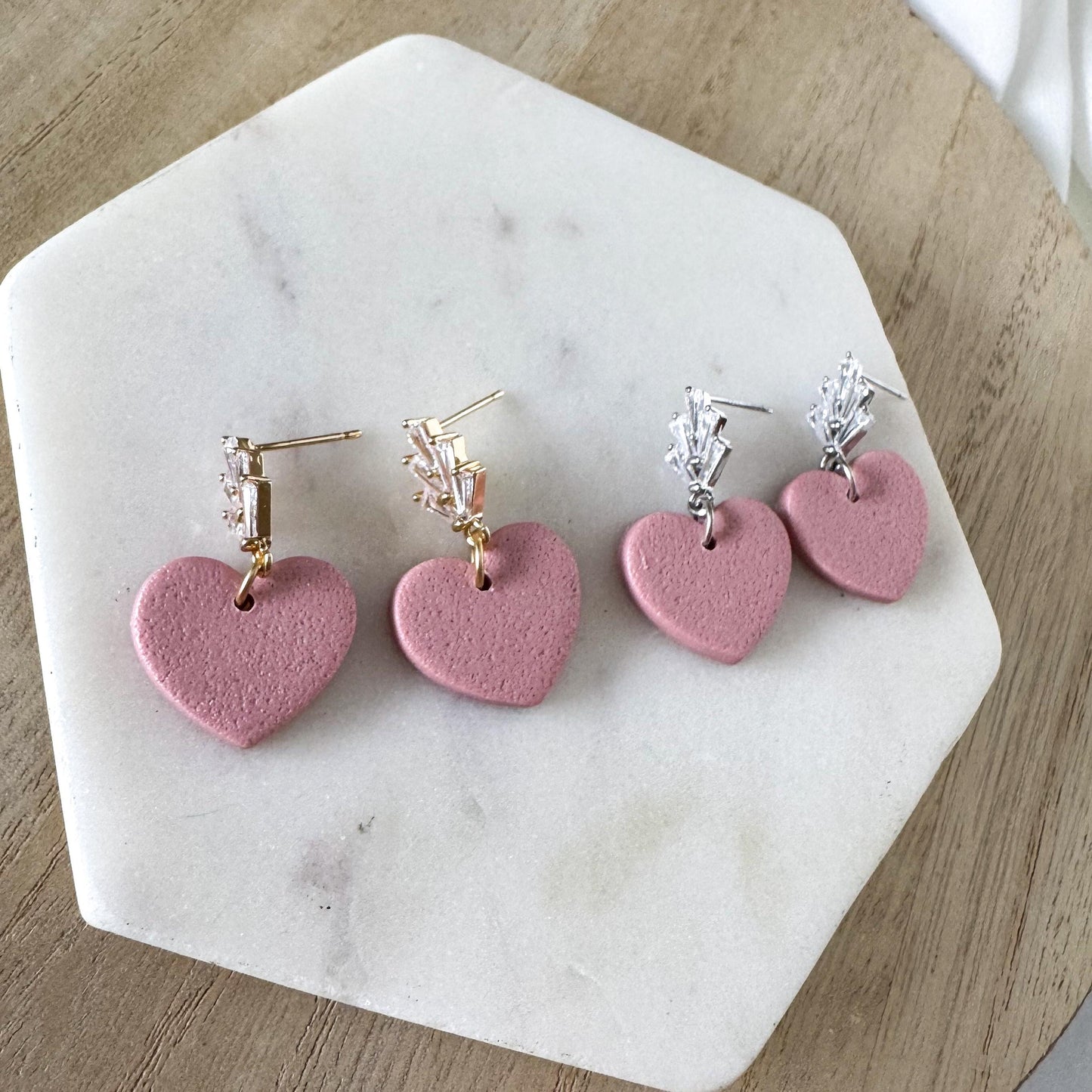 Valentines Clay Earring | Pink Heart w/ Crystal Dangle | CZ Clay Earring | Textured Pink | Nickel Free Polymer Clay | Light Shine Jewelry