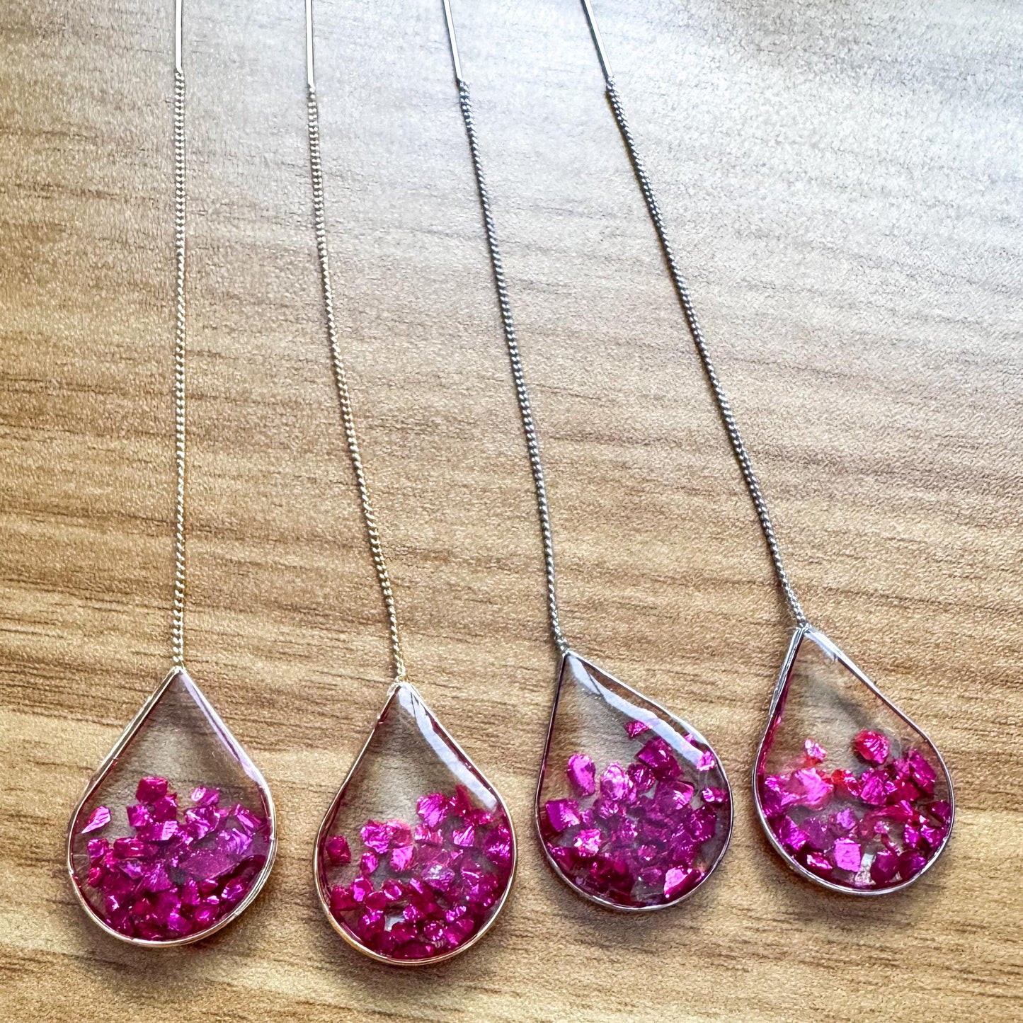 Hot Pink Resin Ear Threaders | Light Shine Jewelry| Pink Crushed Glass | Lightweight Handcrafted Nickel-free | Valentine Earring Threader