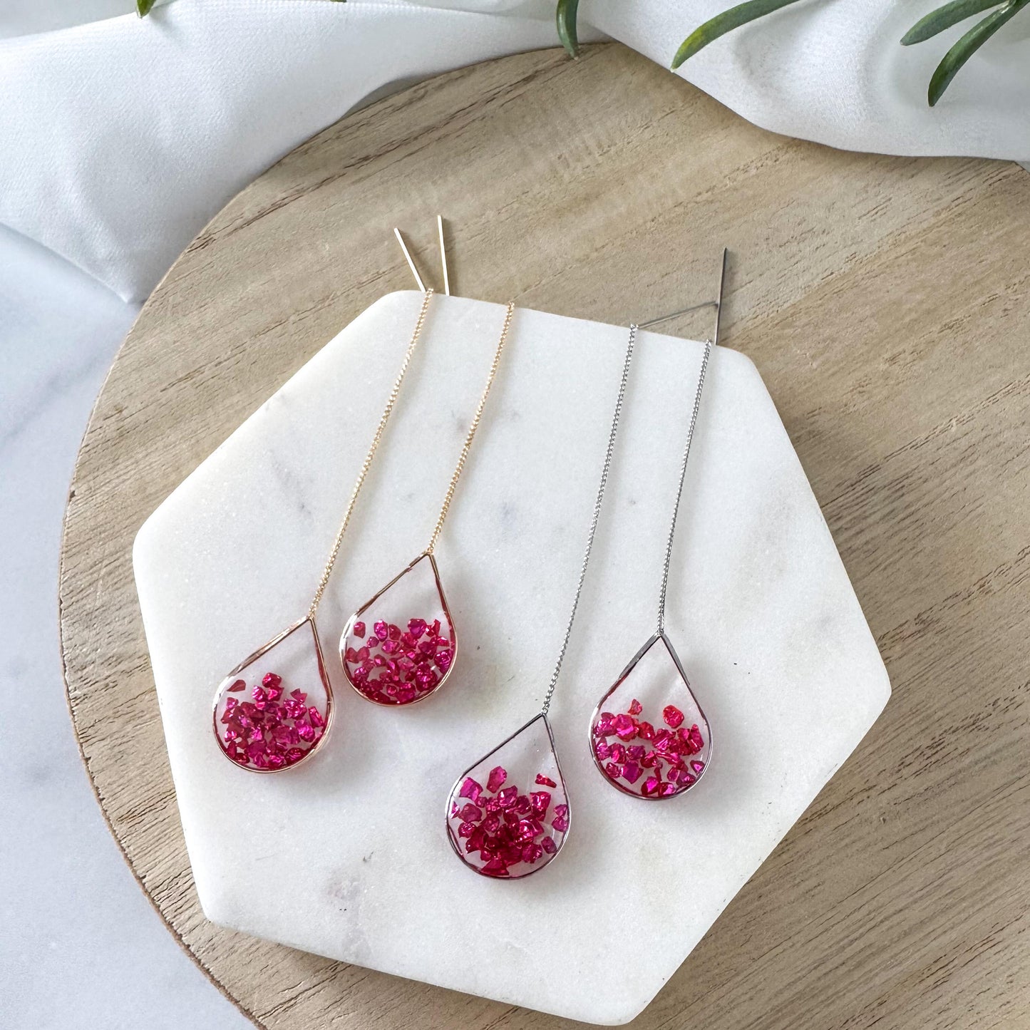 Hot Pink Resin Ear Threaders | Light Shine Jewelry| Pink Crushed Glass | Lightweight Handcrafted Nickel-free | Valentine Earring Threader