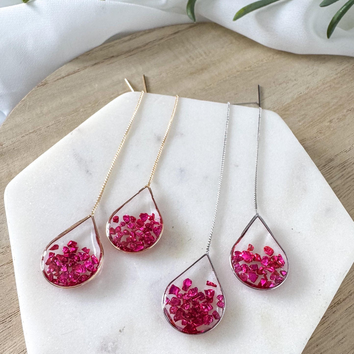 Hot Pink Resin Ear Threaders | Light Shine Jewelry| Pink Crushed Glass | Lightweight Handcrafted Nickel-free | Valentine Earring Threader