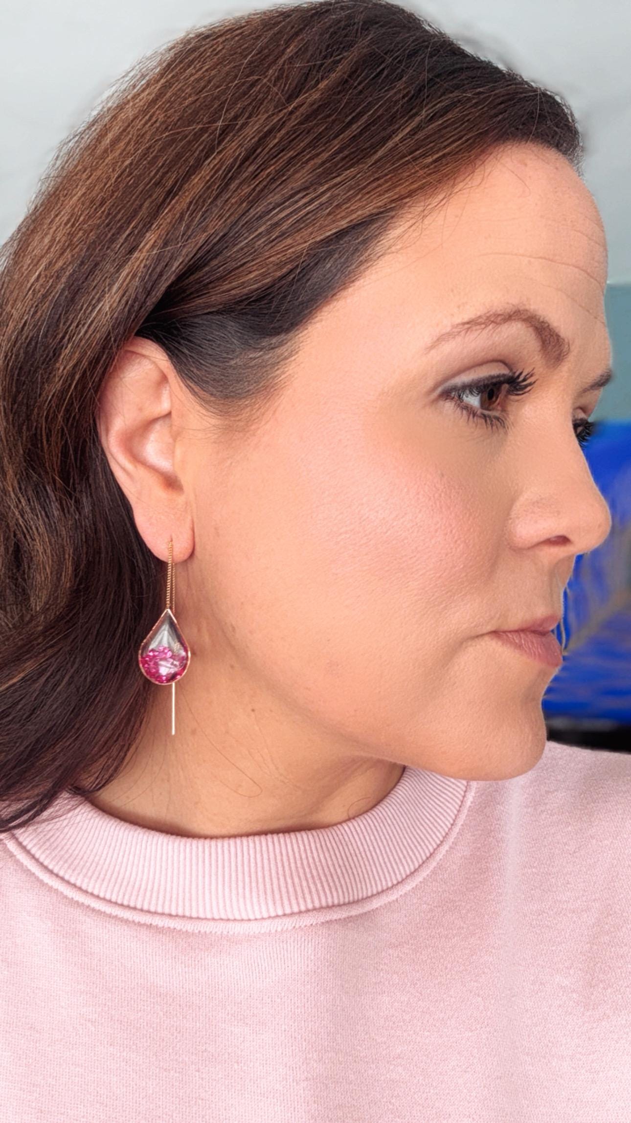 Hot Pink Resin Ear Threaders | Light Shine Jewelry| Pink Crushed Glass | Lightweight Handcrafted Nickel-free | Valentine Earring Threader