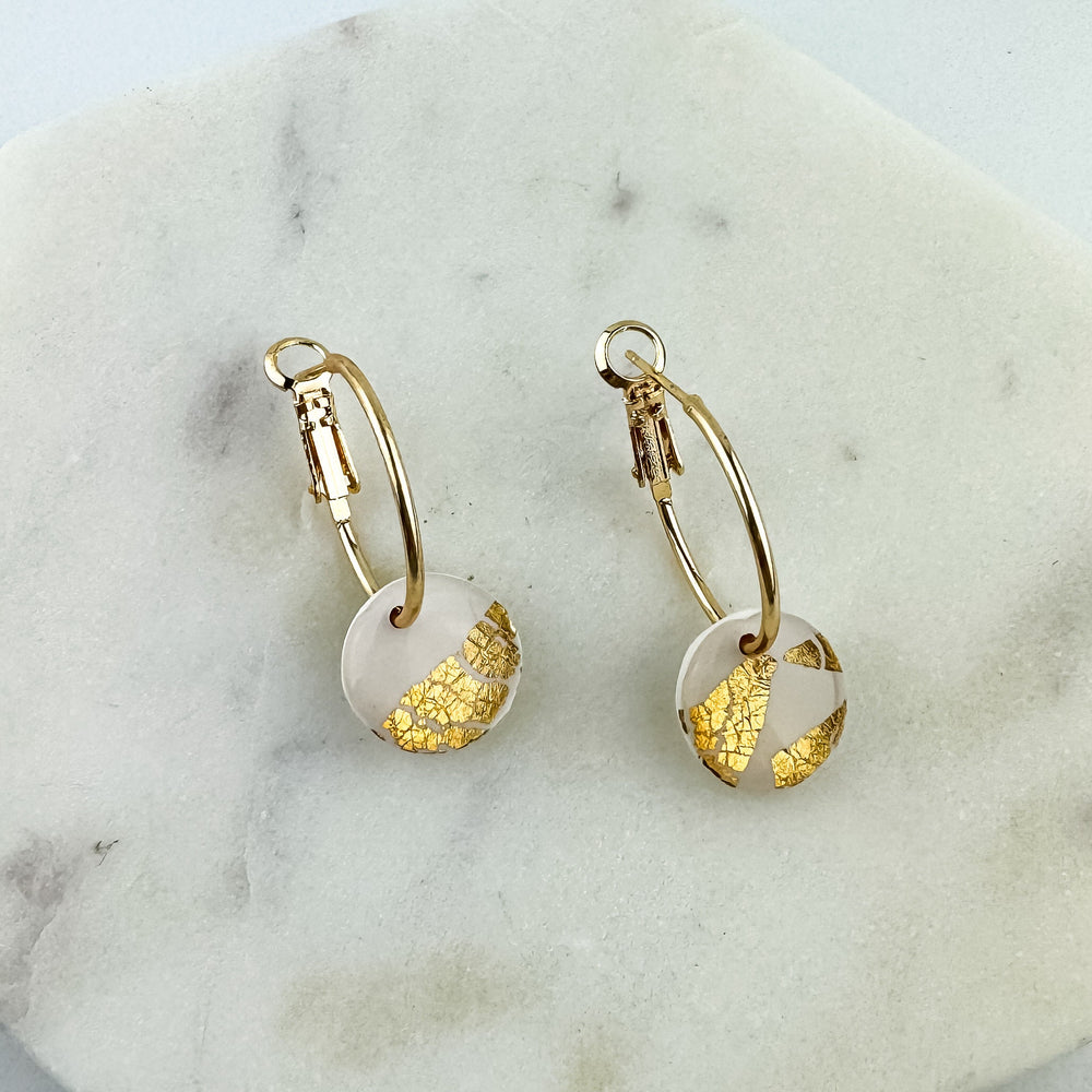 
                  
                    White Clay and Gold Leaf Hoop Earring, Cute Clay Statement Earring, Nickel-Free - Light Shine Jewelry, Leverback Hoop, Small Clay Earring
                  
                