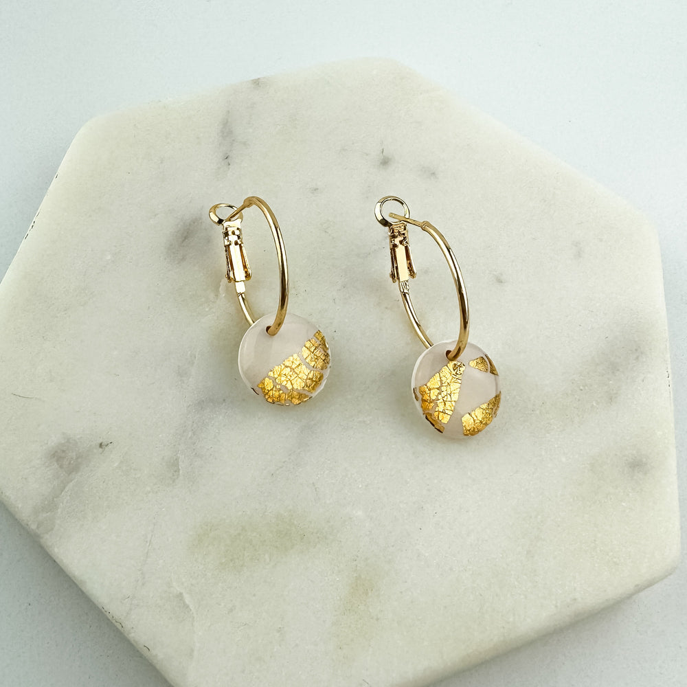 
                  
                    White Clay and Gold Leaf Hoop Earring, Cute Clay Statement Earring, Nickel-Free - Light Shine Jewelry, Leverback Hoop, Small Clay Earring
                  
                