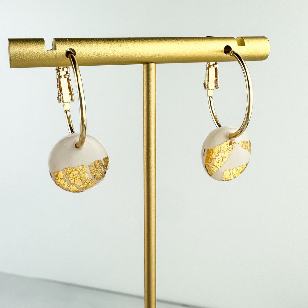 
                  
                    White Clay and Gold Leaf Hoop Earring, Cute Clay Statement Earring, Nickel-Free - Light Shine Jewelry, Leverback Hoop, Small Clay Earring
                  
                