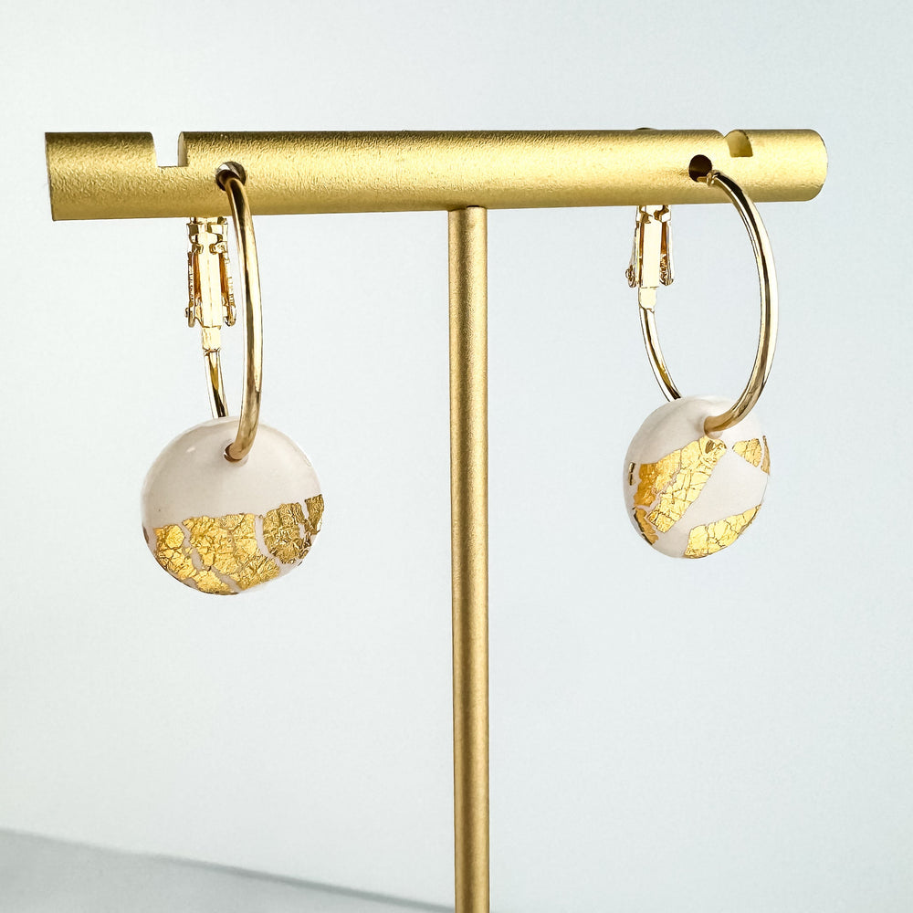 
                  
                    White Clay and Gold Leaf Hoop Earring, Cute Clay Statement Earring, Nickel-Free - Light Shine Jewelry, Leverback Hoop, Small Clay Earring
                  
                