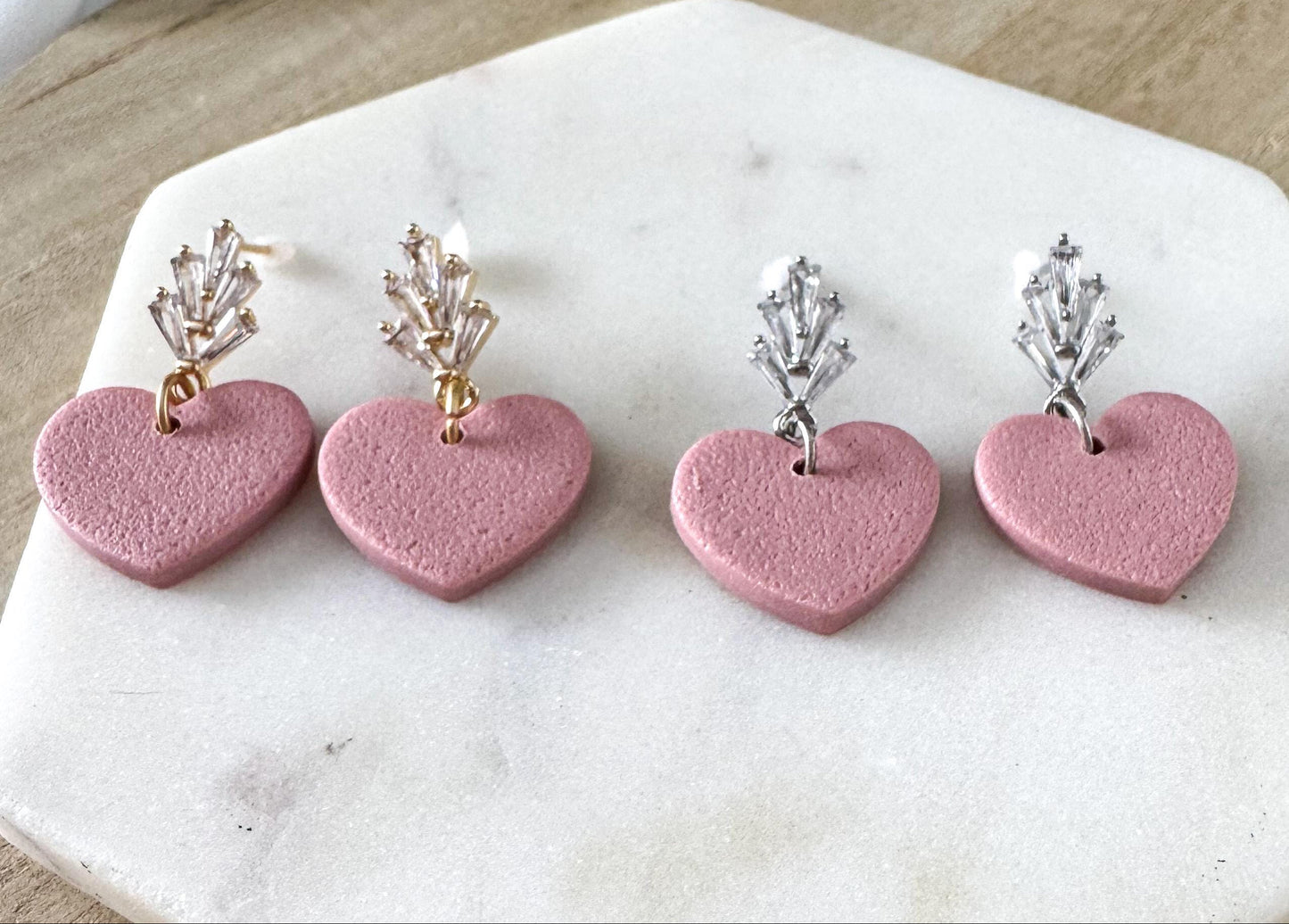 Textured Pink Clay Heart with Cubic Zirconia Earring Stud