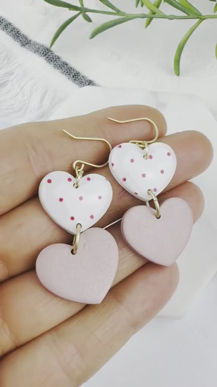 Polka Dot Heart Drop | Valentines Clay Earring | Pink & White| Valentines Heart Drop | Nickel Free Polymer Clay | Light Shine Jewelry